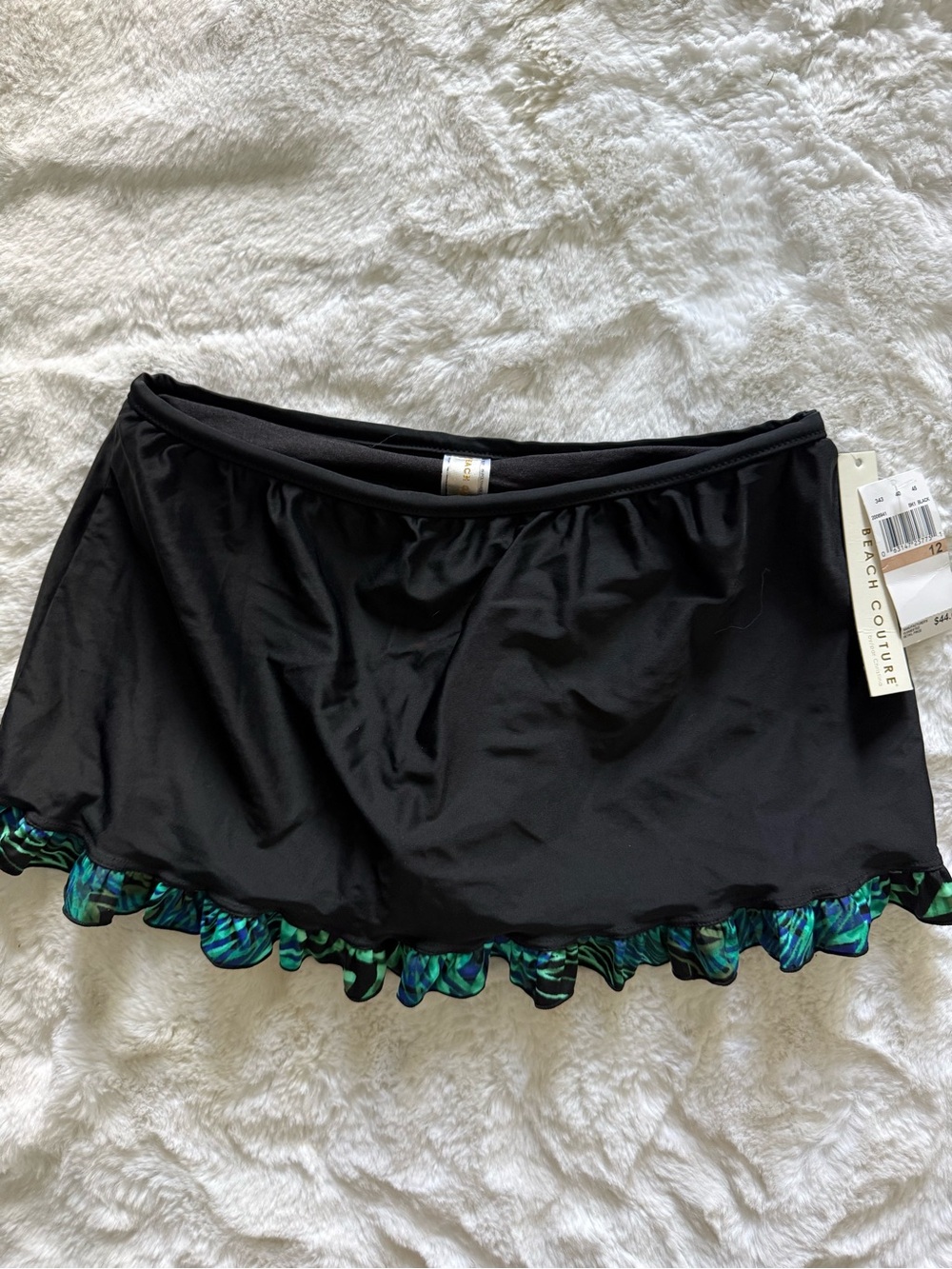 NWT Beach Couture Black Mini Swim Skirt with Teal and Blue Ruffle Trim
